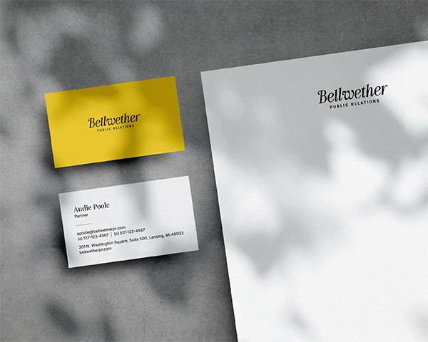 Set of Bellwether branded business cards and letterhead.