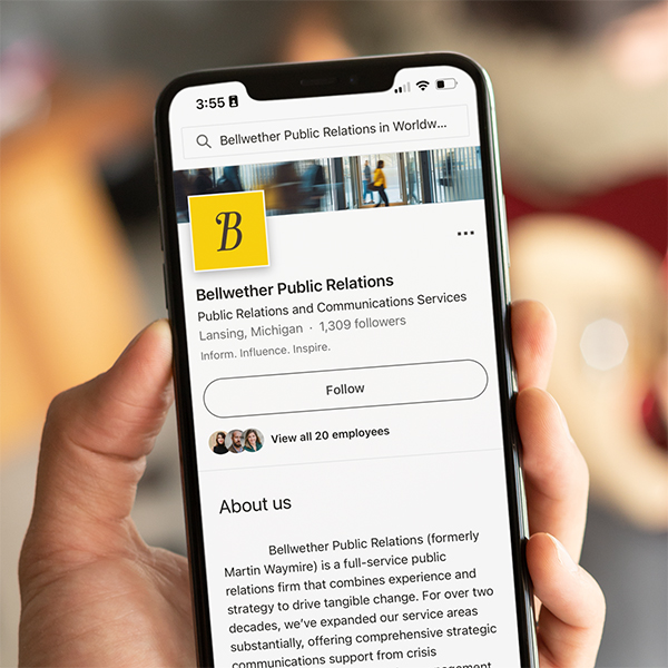 Bellwether social media page shown on mobile phone.