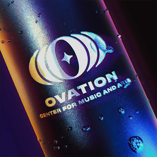 Water bottle with Ovation Center for Music and Arts logo.