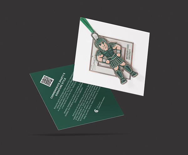 Sparty hand-out card featuring special Sparty ornament