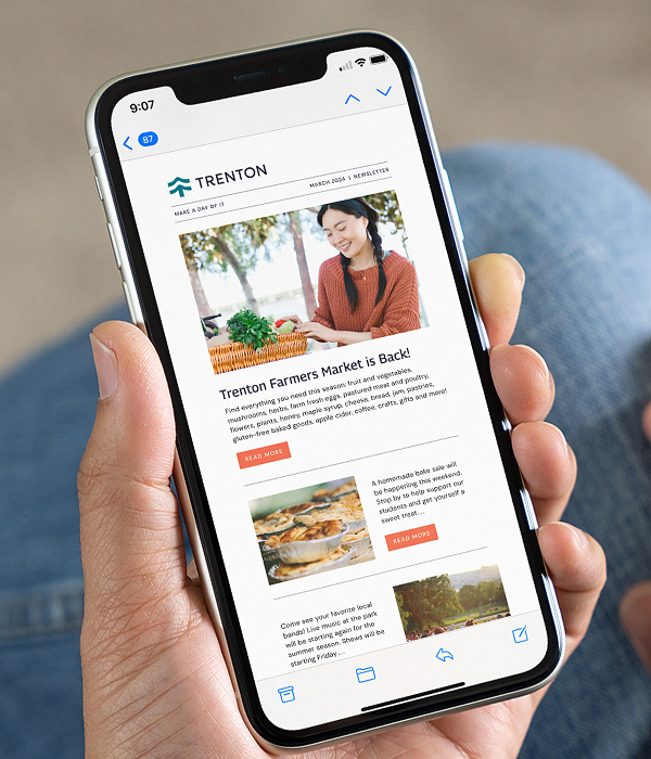 Phone featuring a Trenton branded newsletter