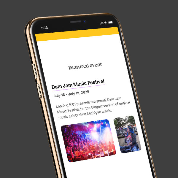 iPhone displaying a featured event displayed on the Lansing 5:01 site