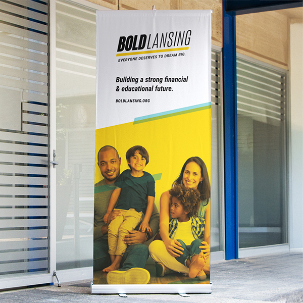 Image of BOLD branded pop-up banner in a hallway.