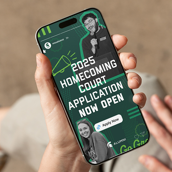 Mobile phone displaying an MSU branded Instagram story post asking for Homecoming Court applications.