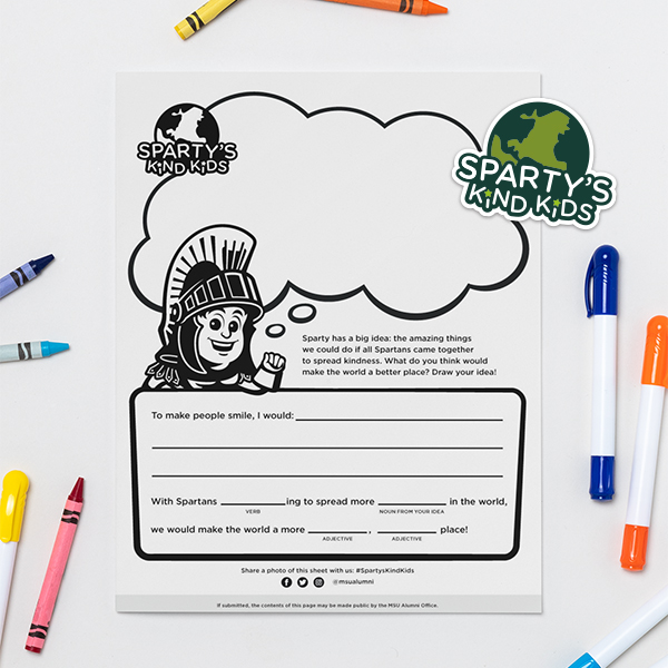 Sparty's Kind Kid's coloring book page and sticker.