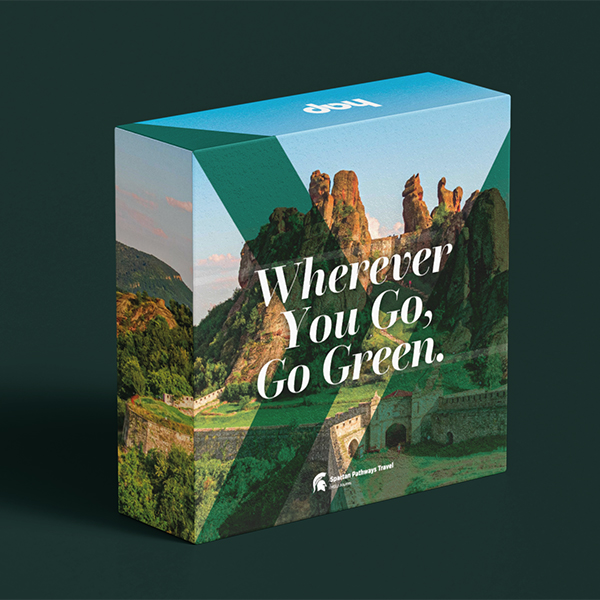 Box reading, "Wherever you go, go green." designed for Spartan Pathways.