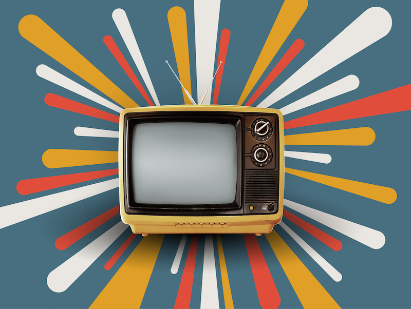 A vintage television appears in front of red, gray, and yellow bursts.  