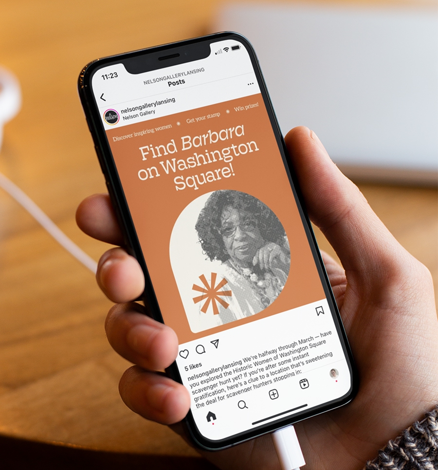 Instagram post that reads, "Find Barbara on Washington Square!"