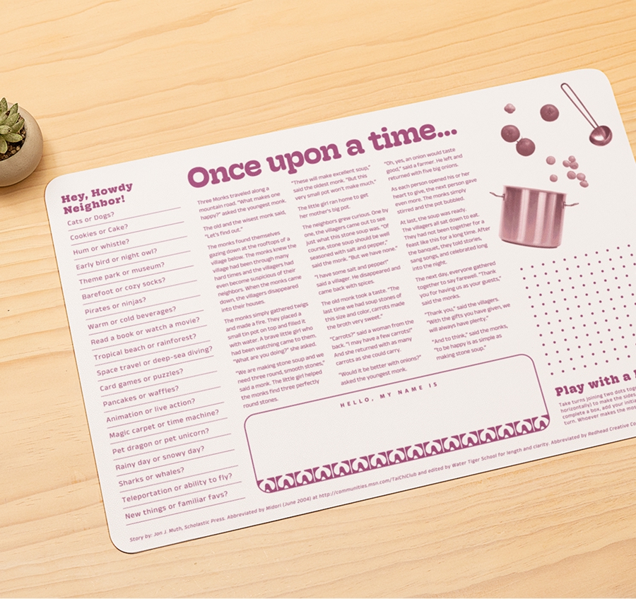 Placemat with the folktale of Stone Soup printed on it
