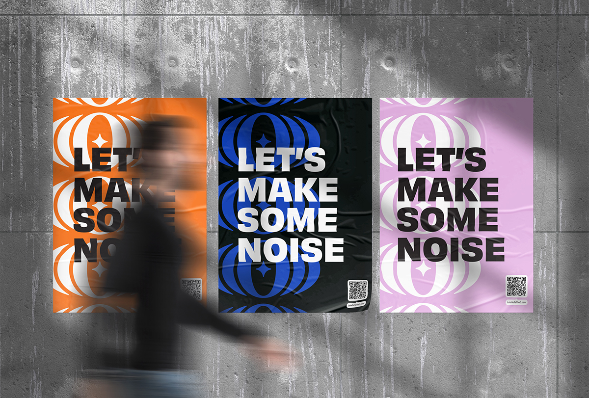 Three orange, blue, and pink posters for the Ovation Center for Music and Arts read "Let's make some noise" in a bold font.