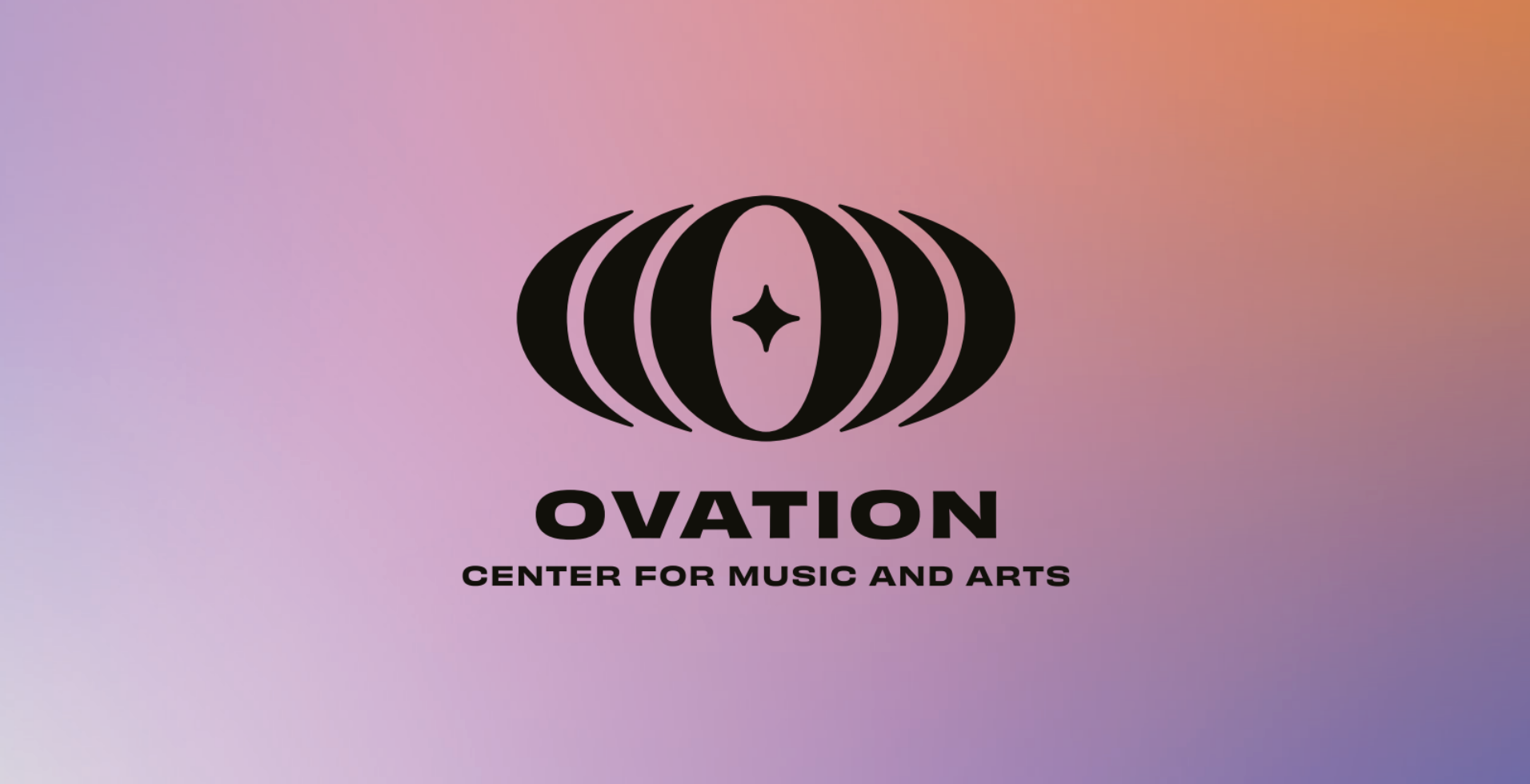 A round "O"-shaped logo for the Ovation Center for Music and Arts in front of an ombre pink and orange background.