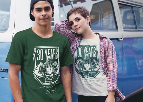 Two students wearing sparty branded t-shirts