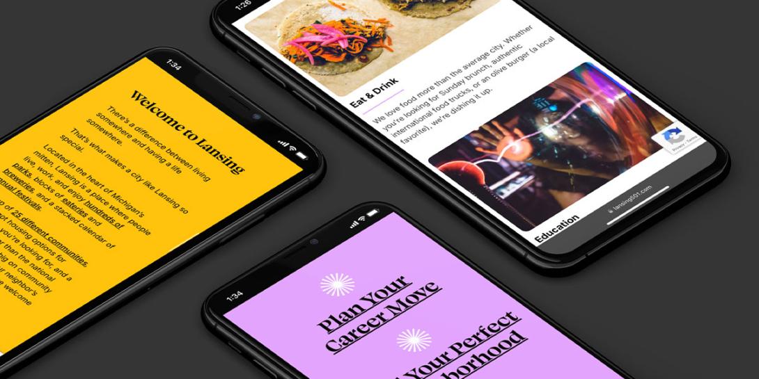 Three phones on a dark background featuring different pages of the Lansing 5:01 website