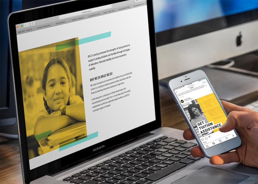 Image of laptop on BOLD website and a person holding a mobile phone looking at a BOLD social media post.