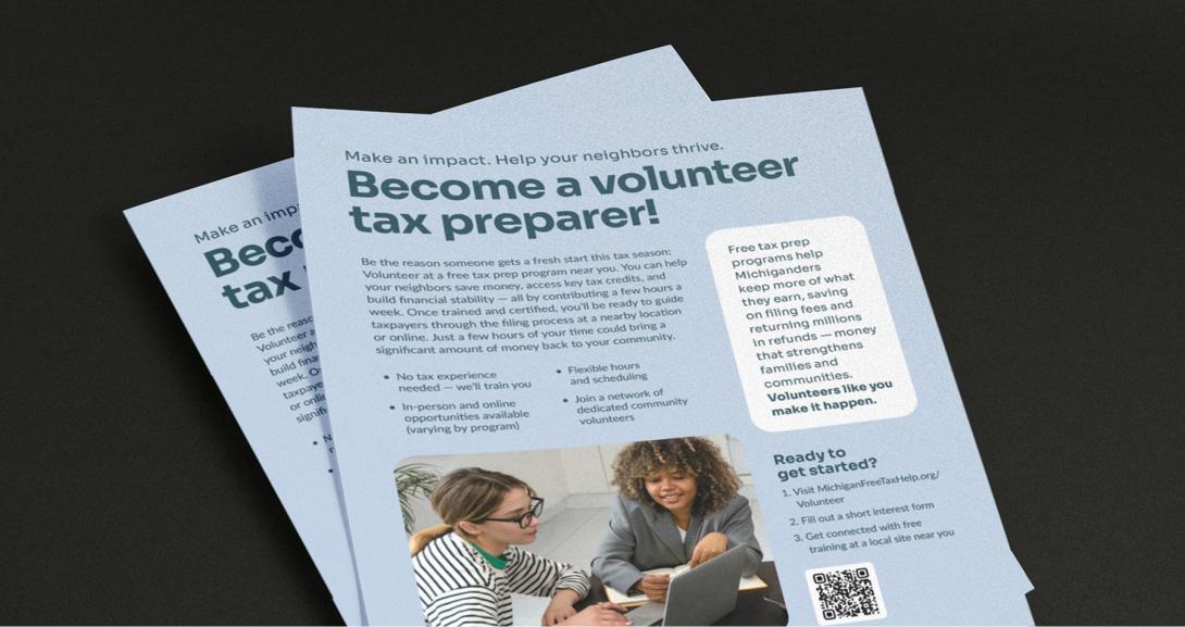 Stack of flyers that read: Become a volunteer tax preparer!